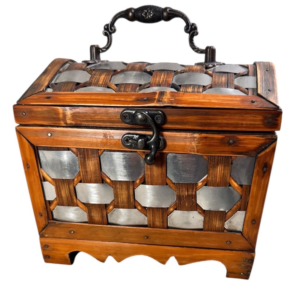Vintage Rustic Woven Wood Treasure Chest Jewelry Box with Metal Accents Latch